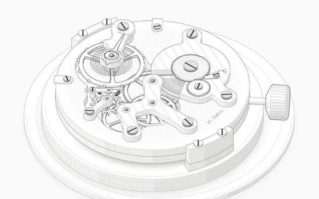 El movimiento de un reloj dibujado con Anatomy, en isométrico y en tonos claros.