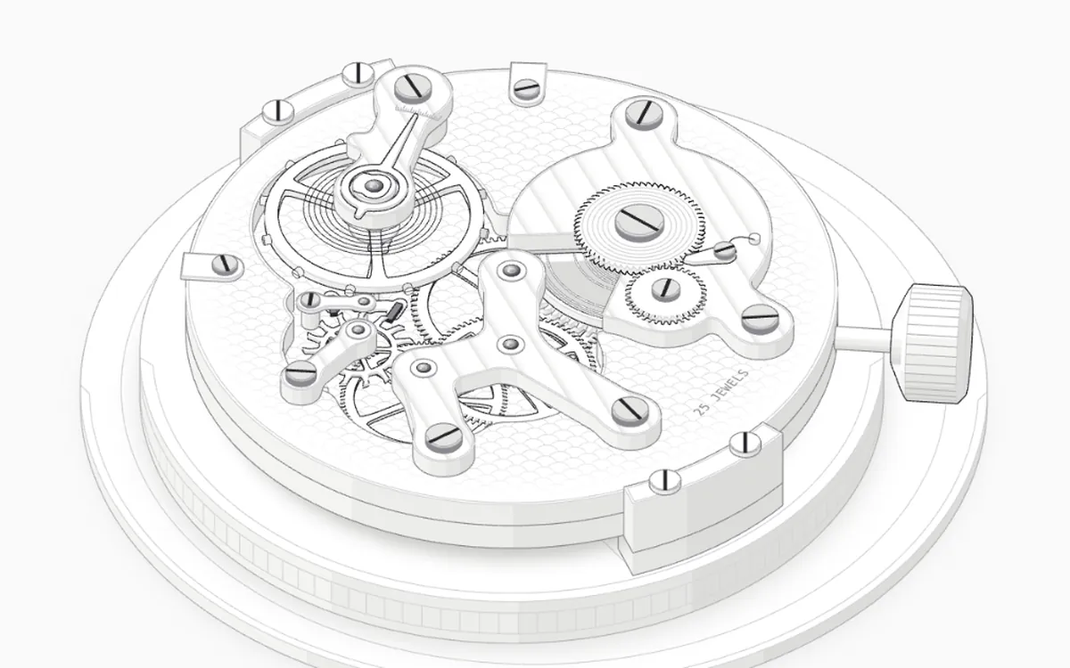 El movimiento de un reloj dibujado con Anatomy, en isométrico y en tonos claros.