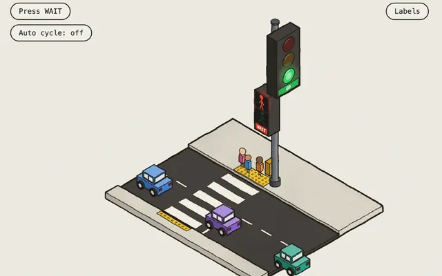 Un semáforo peatonal con autos y personas esperando en la esquina, dibujado a mano.