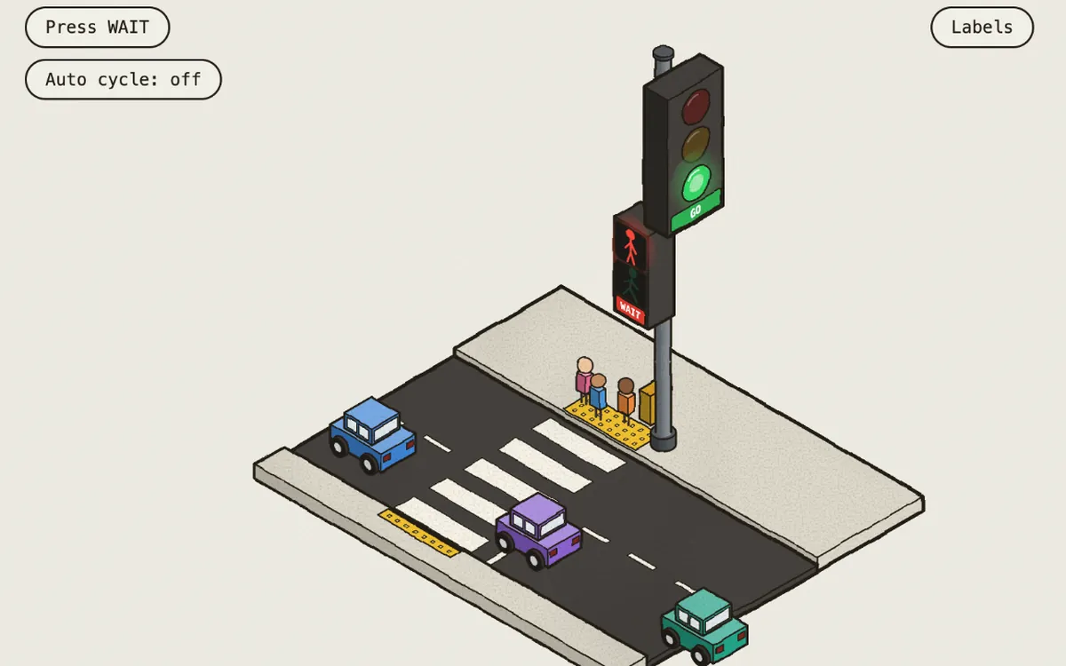 Un semáforo peatonal con autos y personas esperando en la esquina, dibujado a mano.