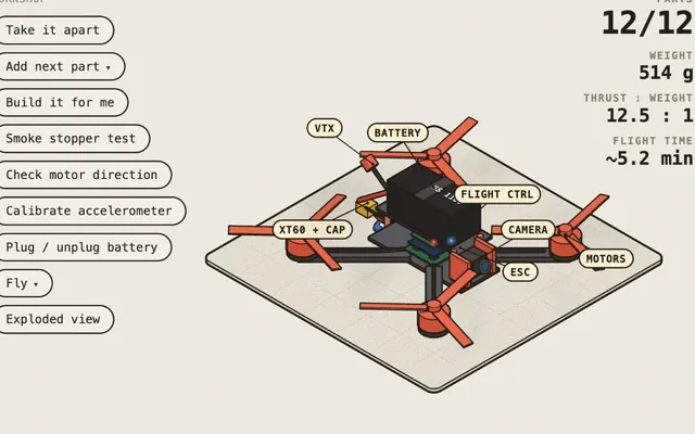 Un dron de 5 pulgadas armado sobre el banco, con la batería, el controlador de vuelo, los ESC y los motores señalados.
