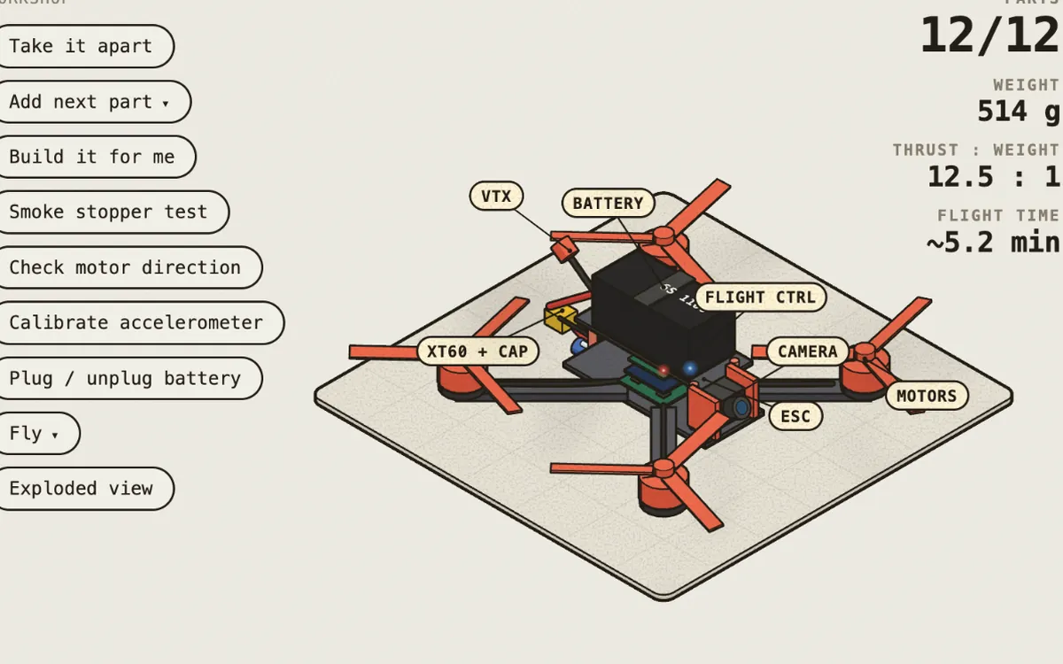 Un dron de 5 pulgadas armado sobre el banco, con la batería, el controlador de vuelo, los ESC y los motores señalados.