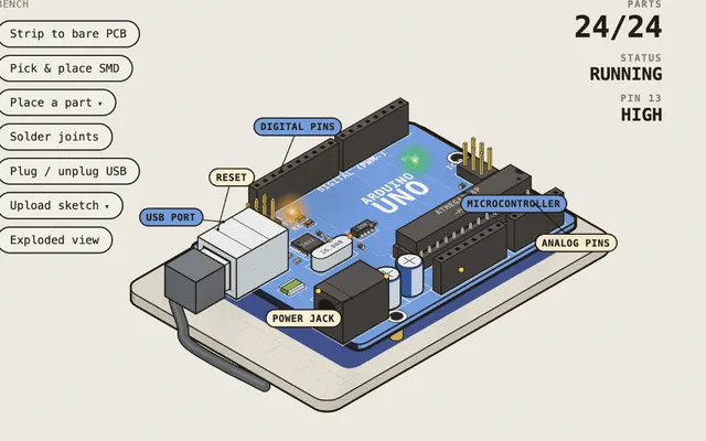 Un Arduino Uno R3 armado sobre el banco, con el puerto USB, el reset y los pines señalados.