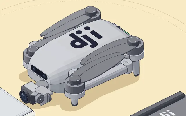 Un dron DJI Mini plegado, dibujado en isométrico junto a su control.