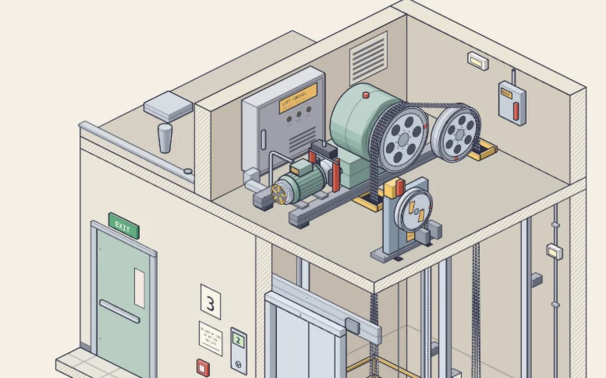 Un elevador en corte: el cuarto de máquinas con el motor y las poleas, y el cubo con la cabina.