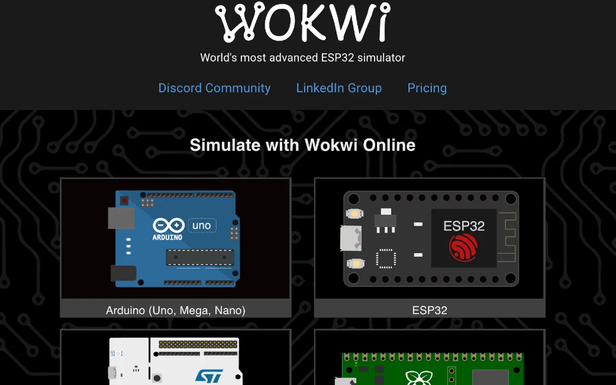 La portada de Wokwi con un Arduino Uno y un ESP32 para simular.